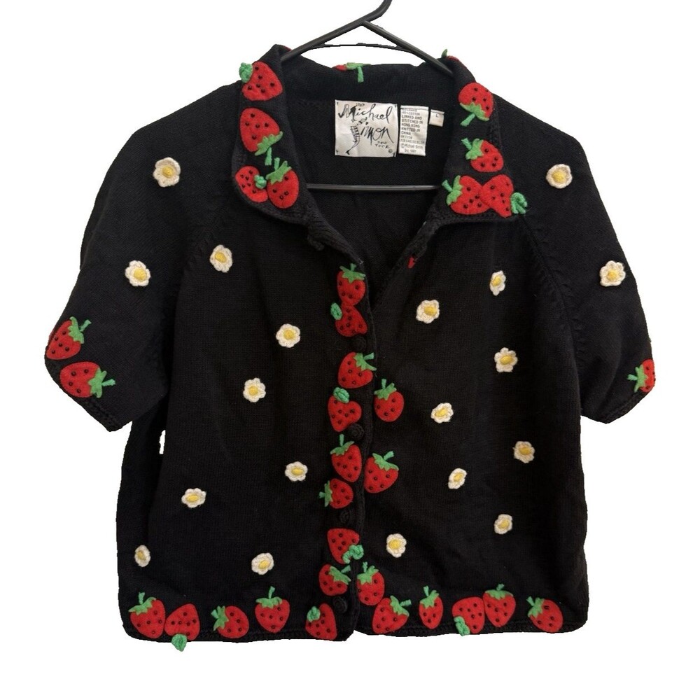 VTG Michael Simon Sweater Cardigan Black Sz L Strawberry Embroidered Knitted 90s